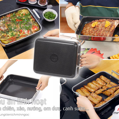 [Hàng chính hãng-iMat hybrid] Chảo vuông đa năng 24cm hai tay cầm iMat Hybrid kèm vung kính  chống dính Ceramic đen