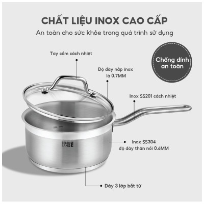 Quánh inox 304 vung kính đáy 3 lớp Lebenlang LBL2530,  LBL2531, LBL2532, size 12,14,16, dùng các loại bếp - hàng chính hãng