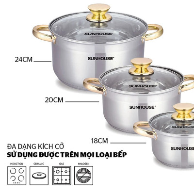 Bộ nồi inox 5 đáy Sunhouse SH781 16-20-24cm, Hàng chính hãng