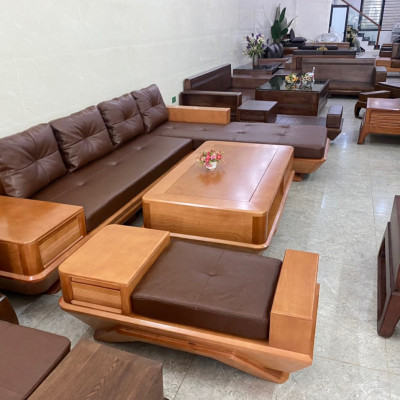 Bộ ghế gỗ sồi nệm da Tundo dày 15 cm kích thước 3m x 2m x 80 cm