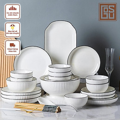 Bộ Bát Đĩa Sứ Gosu Cao Cấp Trắng Viền Đen