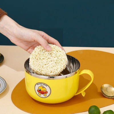 Ca ăn mì có nắp đậy vịt vàng 2 lớp 15cm có nắp đậy đa năng hỗ trợ giữ nhiệt tốt - Ca úp mì vịt vàng chất liệu inox có nắp kín giữ nhiệt lâu 