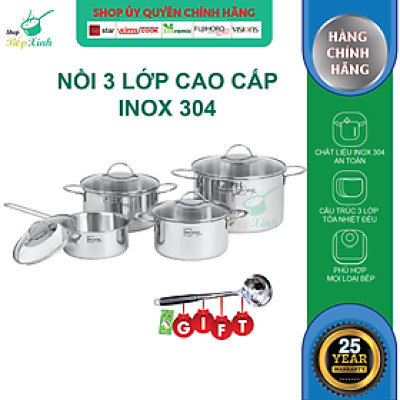 Bộ nồi 3 lớp đáy liền inox 304 Fivestar Plus quai oval nắp kính , tặng 1 vá canh- BỘ NỒI BẾP TỪ CAO CẤP