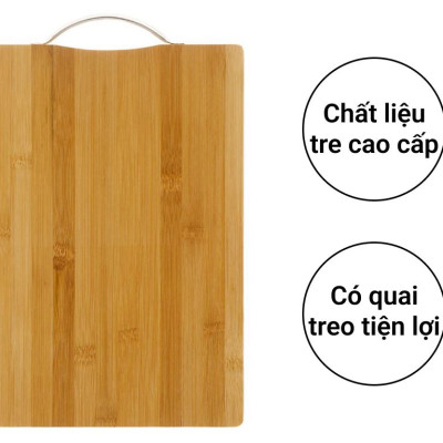 Thớt gỗ tre tự nhiên chữ nhật 3 lớp dày Kháng chuẩn nấm mốc, có quay treo Inox phong cách vintage, decor nhà bếp Hàng chính hãng Bamboo cutting