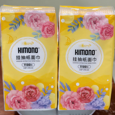 COMBO 10 bịch giấy treo tường đa năng KIMONO hoa VÀNG 4 lớp dạng rút 1100 tờ tặng kèm 2 móc treo đôi