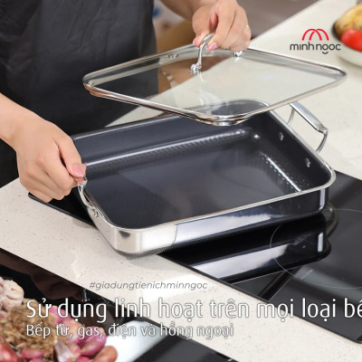 [Hàng chính hãng-iMat hybrid] Chảo vuông đa năng 24cm hai tay cầm iMat Hybrid kèm vung kính  chống dính Ceramic đen