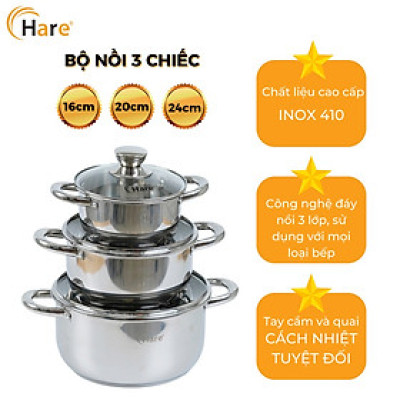 Bộ nồi inox đáy từ HR-S306 (16,20,24cm) - thương hiệu Hare -  lỗi 1 đổi 1