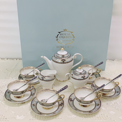 BỘ BÌNH TRÀ CÀ PHÊ SỨ XƯƠNG CAO CẤP TRẮNG VIỀN XANH GHI - VD32