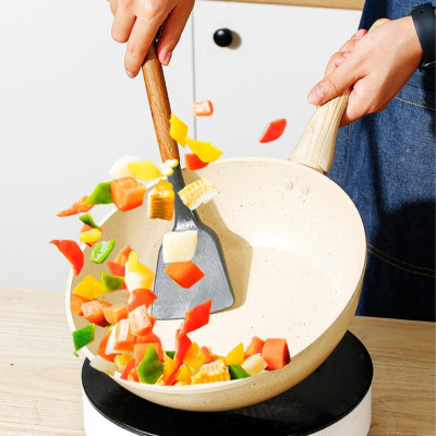 Chảo Chống Dính Bếp Từ Vân Đá Kiểu Nhật Không Nắp Size 22cm Cán Gỗ, Chảo Đáy Từ Ceramic Màu Trắng Kem Sang Trọng, Cao Cấp Dùng Cho Mọi Loại Bếp