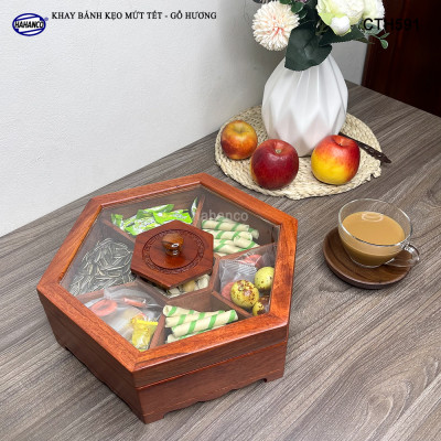 Khay Đựng Mứt Tết Bằng Gỗ Hương Nắp Kính Lục Giác Trong Suốt Sang Trọng - CTH591