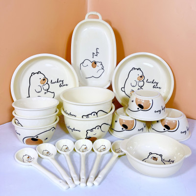 Bộ Bát Đĩa Thương Hiệu GOSU Họa Tiết Gấu Vàng Nước Men Sáng Đẹp Chất Lượng Cao