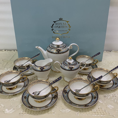 BỘ BÌNH TRÀ CÀ PHÊ SỨ XƯƠNG CAO CẤP TRẮNG VIỀN XANH GHI - VD32