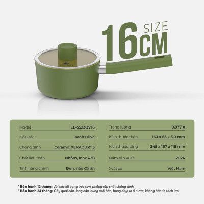 Nồi quánh phủ sứ Elmich Olive EL-5523OV nhiều size, Hàng chính hãng, dùng được mọi bếp - JoyMall
