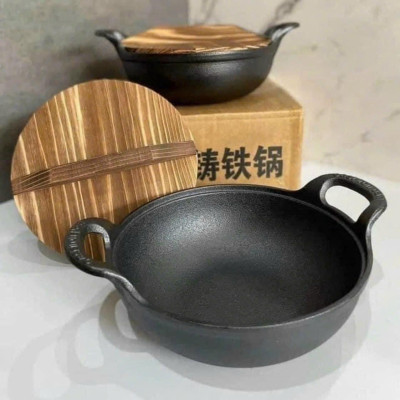 Chảo nồi gang sâu lòng đúc nguyên khối size 20cm và 25cm tặng kèm vung gỗ - PHẢI TÔI CHẢO