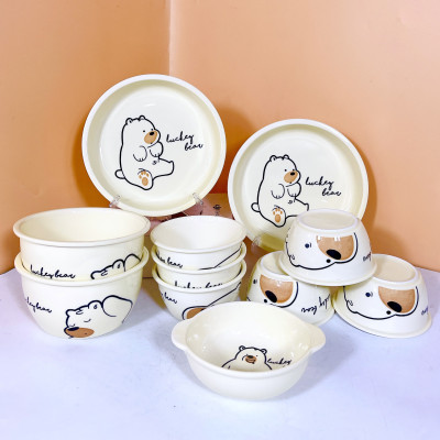 Bộ Bát Đĩa Thương Hiệu GOSU Họa Tiết Gấu Vàng Nước Men Sáng Đẹp Chất Lượng Cao
