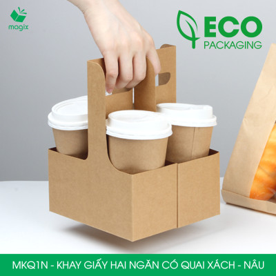 MKQ1N - 17.5x8x9 cm - Combo 60 Khay giấy 2 ngăn quai xách màu nâu siêu chắc, hộp giấy 2 ngăn chống thấm đựng ly nước, hoa và quà tặng