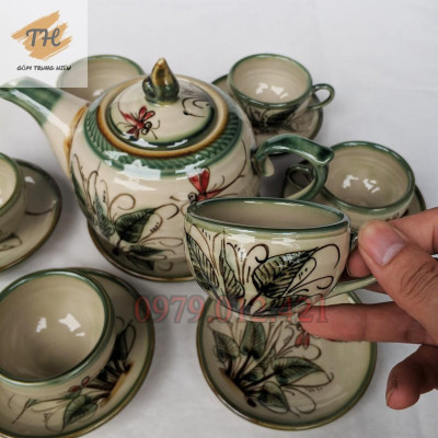 Bộ ấm chén Bát Tràng men bóng vẽ Chuồn khoai