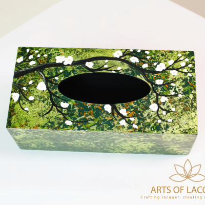 Hộp Đựng Khăn Giấy Sơn Mài Cao Cấp - Họa Tiết Hoa Trắng