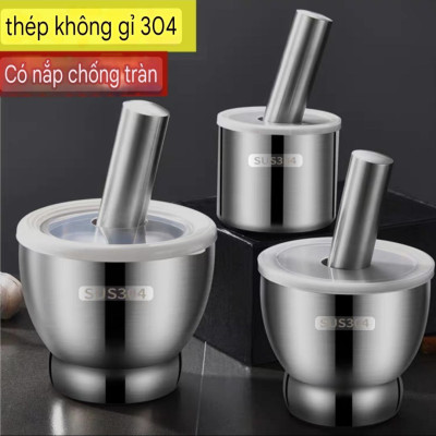 Bộ Cối chày Inox 304 - có nắp chống văng chống trượt không gây tiếng ồn - hàng cao cấp