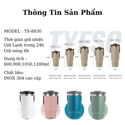 Cốc giữ nhiệt TYESO TS-8829 1050ml tay cầm công thái học Chống tràn & Giữ nhiệt 12 tiếng