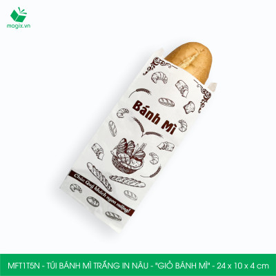 MFT1T5N - 24x10x4 cm - 200 Túi bánh mì Trắng, in sẵn họa tiết GIỎ BÁNH MÌ - Bao bánh mì Túi giấy thực phẩm an toàn