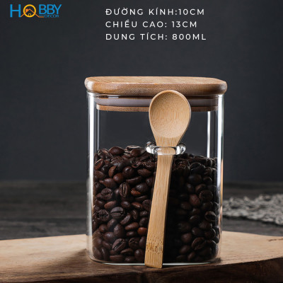 Hủ thủy tinh đựng hạt nắp gỗ tre có muỗng HOBBY Home Decor LTT1 có 3 size tùy chọn loại nắp kín