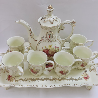 Bộ bình trà sứ phong cách hoàng gia cổ điển màu trắng ngà họa tiết hoa hồng