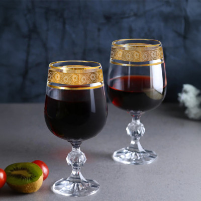 Bộ 2 ly uống rượu vang pha lê 340 ml Bohemia Tiệp Khắc mạ vàng 24k
