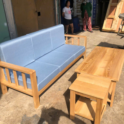 Bộ sofa băng gỗ Juno Sofa kèm nệm, bàn và 1 ghế đôn hiện đại, giá rẻ, tiện lợi