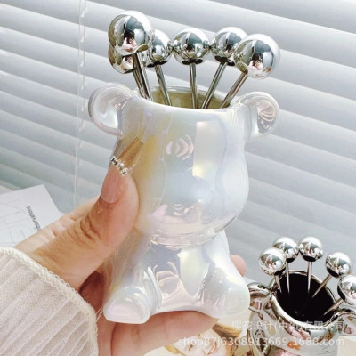 Bộ 6 Nĩa Ăn Trái Cây Bằng Thép Không Gỉ Kèm Hộp Đựng Hình Gấu Bearick Bằng Gốm Cao Cấp Sang Trọng - HÀNG CHÍNH HÃNG MINIIN