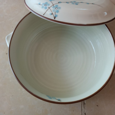 Âu đựng cơm canh vẽ hoa đào xanh số to gốm sứ Bát Tràng