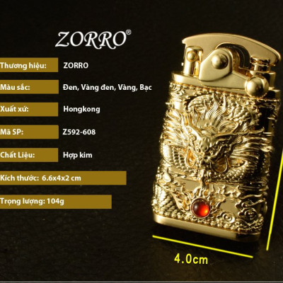 Vỏ Hột Quẹt Bật Lửa Xăng Đá Cối Xoay Zorro Z592-608 Đánh Lửa Tự Động Hình Rồng Cuộn Nhả Ngọc May Mắn
