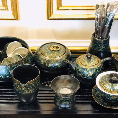 Bộ ấm chén pha trà đạo phong cách Nhật họa tiết hoa thổ cẩm  - vd178