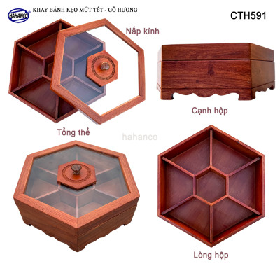 Khay Đựng Mứt Tết Bằng Gỗ Hương Nắp Kính Lục Giác Trong Suốt Sang Trọng - CTH591