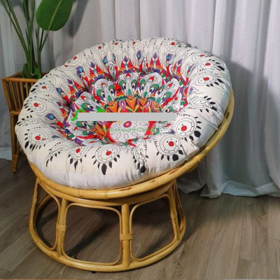 Ghế mặt trăng Papasan mây thật cao cấp Juno Sofa size 1m, Nệm hoa văn Indochine