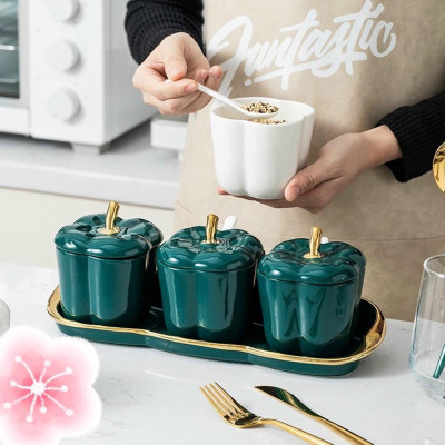 Bộ 3 hũ đựng gia vị bằng sứ cao cấp hình quả ớt chuông màu xanh cổ vịt