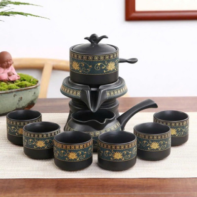 Bộ Ấm Chén Pha Trà Tử Sa Cao Cấp - Xanh Đen Vàng - 1 Ấm Trà, 6 Chén Trà, Cối Xay Kèm Hộp Quà Tặng Sang Trọng - HÀNG CHÍNH HÃNG MINIIN