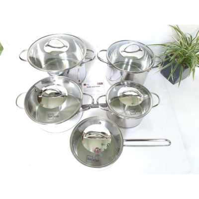 Combo Bộ nồi inox 304 và chảo chống dính cao cấp Fivestar 6 món nắp kính , 3 đáy dùng được bếp từ , hồng ngoại , gas, tặng 10 muỗng ăn