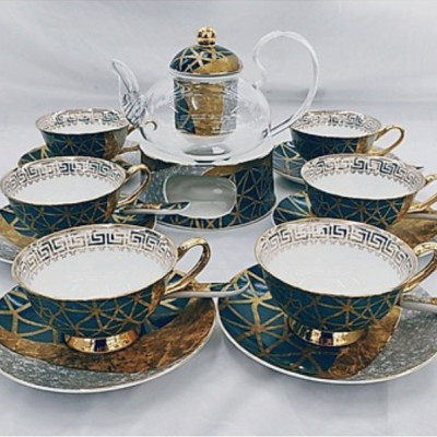 BỘ BÌNH TRÀ THỦY TÌNH KÈM ĐẾ CHẤM NẾN 6 CỐC VÂN ĐÁ XANH - ANTH687