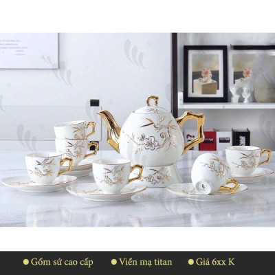 Bộ cốc chén pha trà trắng tay vàng ( Giao ngẫu nhiên) 