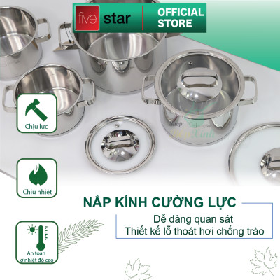 Bộ 4 nồi 3 đáy inox 304 FiveStar Plus quai vuông nắp kính-sử dụng bếp từ ( tặng 1 vá canh )