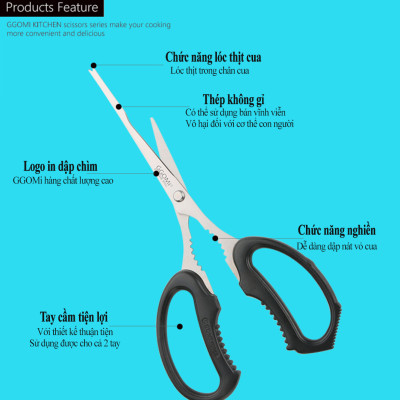 [HÀNG CHÍNH HÃNG]Kéo tách vỏ cua dài 20.5cm, lưỡi kéo dài 13.5cm bằng thép không gỉ an toàn của GGOMi Hàn Quốc GG134