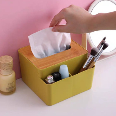 Hộp, Kệ Đựng Khăn Giấy Ăn Nắp Gỗ Nordic Kèm 2 Ngăn Chứa Đồ Đa Năng Tiện Lợi