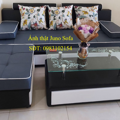 Bộ sofa phòng Khách 2m2 dành cho chung cư Juno Sofa bao gồm đủ gối, đôn và bàn trà kính