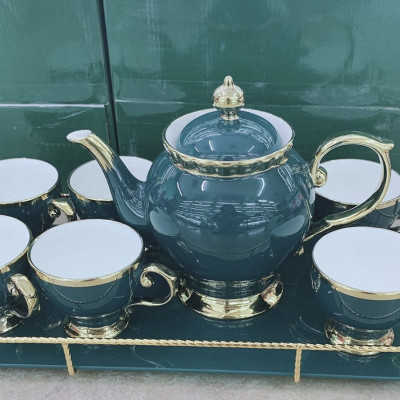 BỘ ẤM CHÉN  PHA TRÀ SỨ TEA SET KÈM KHAY MÀU XANH CỔ VỊT KHUNG KIM LOẠI MẠ VÀNG PHONG CÁCH ÂU SANG TRỌNG - ANTH434