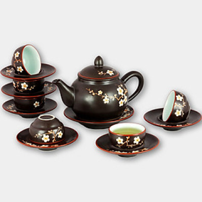 Bộ ấm chén tử sa lõm khắc hoa Đào gốm sứ Bát Tràng (bộ bình uống trà, bình trà)