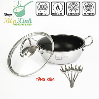 Nồi inox chống dính Fivestar 3 đáy nắp kính 20cm - dùng được bếp từ - tặng 5 muỗng ăn