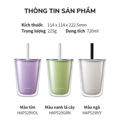 Ly nhựa 2 lớp LocknLock Bubble Tea Cold Cup màu tím HAP529VOL 720ml, Hàng chính hãng, kèm ống hút trân châu - JoyMall