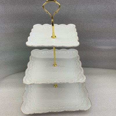 KHAY SỨ ĐỰNG BÁNH KẸO HOA QUẢ 3 TẦNG TRẮNG HOA DẬP NỔI - ANTH618