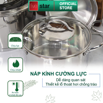 Bộ nồi inox 304 cao cấp FIVESTAR Plus quai oval kiểu Silit 5 món nắp kính ( tặng 1 vá canh )